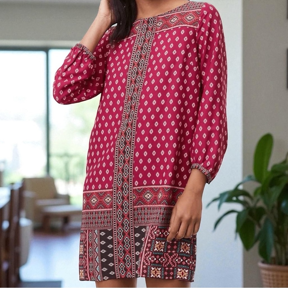 Loft diamond mozaic shift dress size S. Dark pink. Aztec Geometric Print. Boho. - Picture 2 of 10